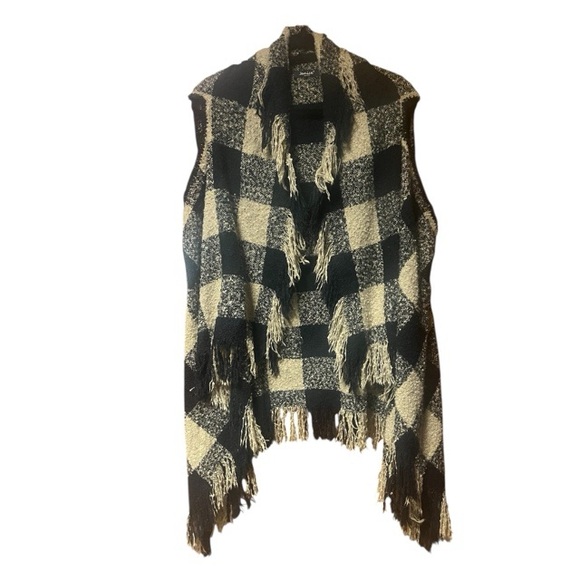 Janice Sweaters - Janice Checkered Fringe Poncho Cardigan Sweater